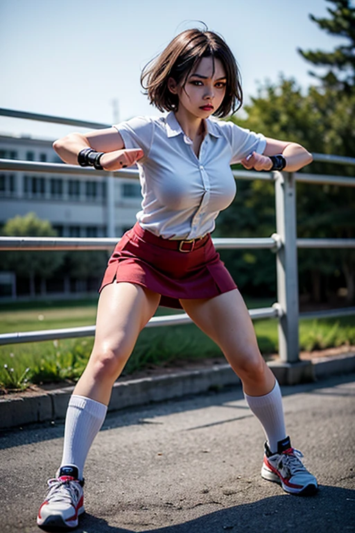 (best quality, 8k, highres, photorealistic:2.0), (solo, one girl:2.0),(lighting: strong),(lighting: front),(very muscular girl:2.0),(bodybuilder girl),(Squat down on one knee and spread your legs apart.:1.5),(raise both arms behind your head:1.5),(wearing black loafers:1.5),(school uniform),(white collar shirt),(long sleeve shirt),(red ribbon tie),(black pantyhose:1.5),(blue skirt),(blue pleated mini skirt),Photographed in front of high school, Wealthy Japanese lady