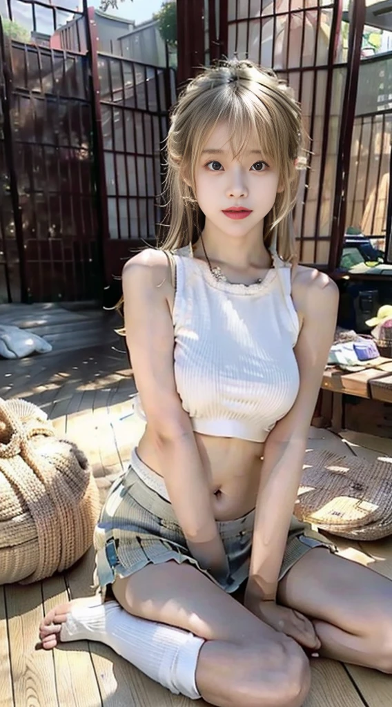 1girl, cute, smaller chest, blonde hair, long hair, wavy hair, bangs, sheer tank top, shorts jeans, sitting, outdoor, full-body portrait, (best quality,4k,8k,highres,masterpiece:1.2),ultra-detailed,(realistic,photorealistic,photo-realistic:1.37)