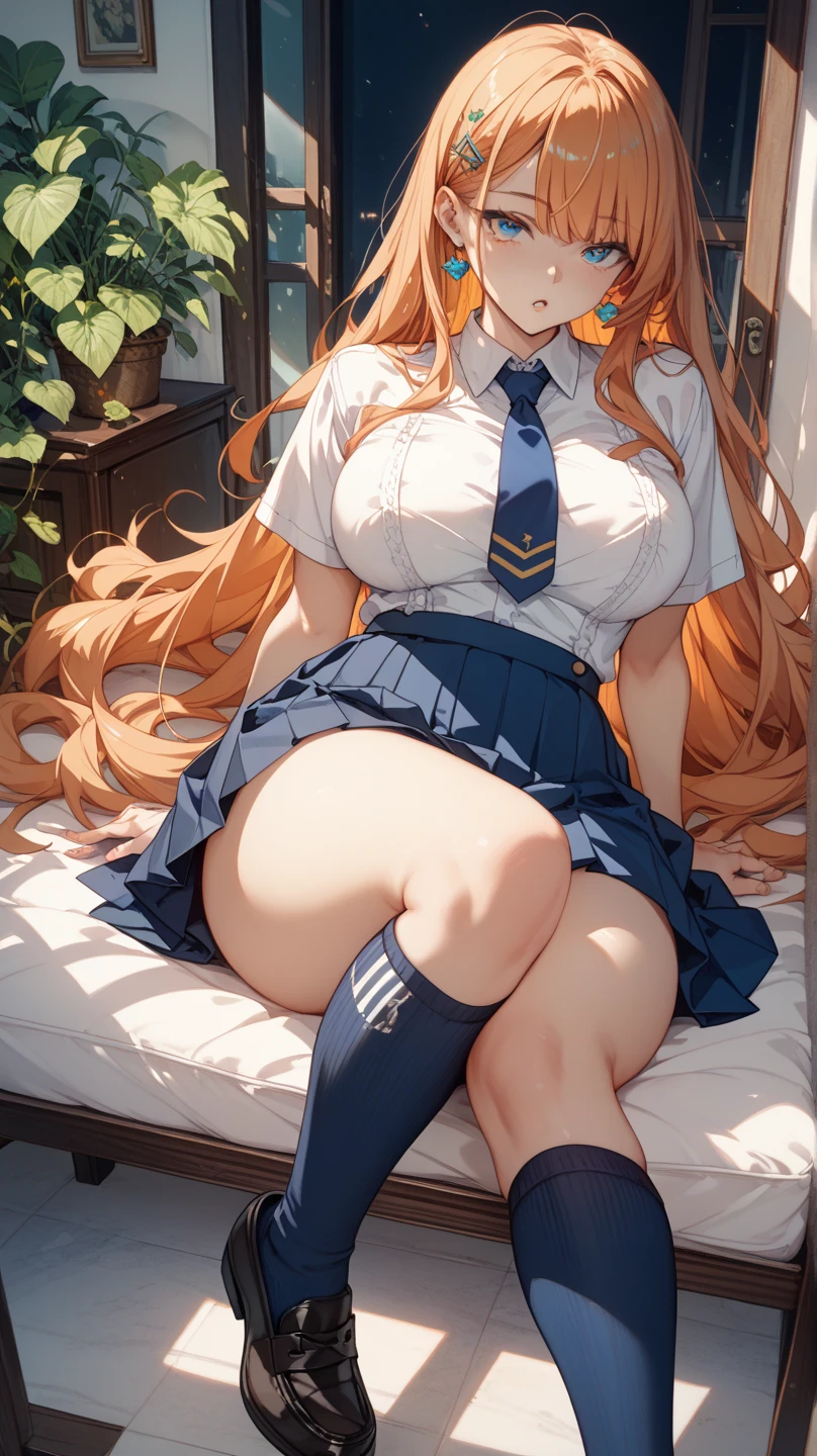 Plump thighs、Best image quality、High resolution、masterpiece、super high quality、Spreading her legs、Squat with your legs apart、Butt shooting、Black and white lace bra、black and white lace panties、とてもBig Ass、The buttocks are too big、Low Angle、Blushing、4K quality、Thick thighs、Big Ass、wearing black knee socks、Pubic hair growth、Shooting from below、Blushed、Big Breasts、Embarrassed face、You are tempting me