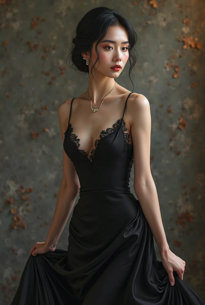 1girll,Moyou,Details,(skin indentation:1.5), Dark theme , (Best quality, Masterpiece:1.2), 18yo Girl in the garden, black color dress, (Red flowers in the background are chaotic:1.3，cleavage