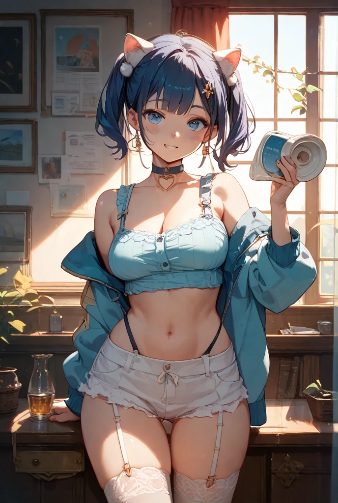 (dynamic angle:1.3, front view:1.1, breast focus:1.3, from below:1.2), (dynamic posing:1.5, sexy posing:1.2, leaning forward), (seductive smiling:1.3), ((looking at viewer, holding a cake)),highest quality、(real、photorealistic:1.4),(ultra high resolution, 8K RAW photo, clear focus), best qualtiy, natural lighting, field depth, (Bright pupils, detailed beautiful eyes, high detailed face), Red lip, (tight focus:1.2, from below), sexy posing, a girl 22yo old, teacher, wearing a , bootyshorts, Thicc, thin breast, long hair, blue eyes,off-shoulder dress, sweater dress, off-shoulder sweater, red sweater,garter stocking, cleavage:1.1, midriff, black shorts, black thighhighs, thigh strap, pretty girl, (highly detailed beautiful face and eyes,firm breasts),real skin,((black,hair,long pony tail hair)),thin pubic hair,cute,lovely, detailed eyes, This masterpiece is only visually stunning but also tells,(double breasted:1.0,under bust:1.0),(with sparkling eyes and a contagious smile),open mouth, Looking at Viewer,