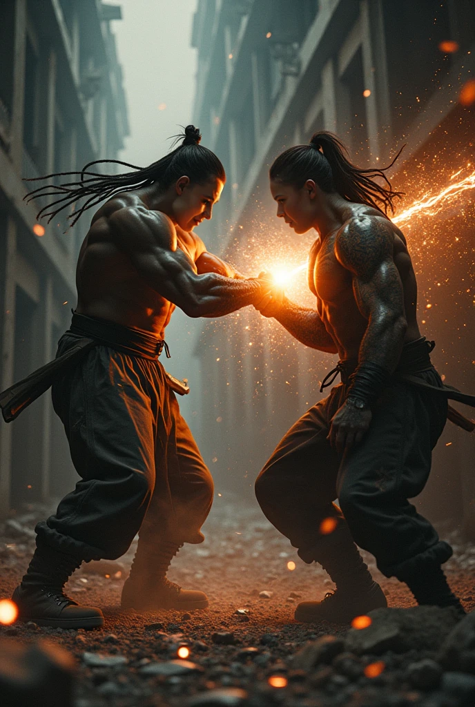 The background is a martial arts gym with black tatami on the floor., There are two fighters, the biggest one is a tall dark-skinned guy, the second fighter is transforming into the superior style