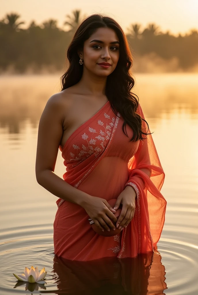 Gorgeous glorious indian actress, in oranges saree, standing in waterfalls, wet hair, burgundy hair, ponytail, curls, 4K details, pretty face, beautiful face, bright eyes, red lipstick, alluring natural breasts, huge breasts, narrow naval, hourglass figure,  cleavage, diamond necklace, hair band, ultra fine details,  smiling,