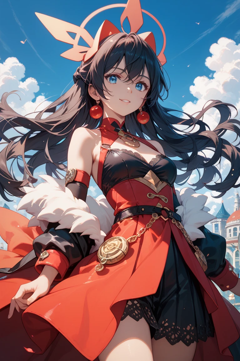 Masterpiece, high quality, 8k, HDR、Portrait。solo、１people。Horse ear beauty、smile、looking at the camera。Brown Eyes、Pink Lipstick、Beautiful breasts。Red glasses、Shoulder less、blue plain clothes。Hands on hips。Night starry sky、Brick Road。