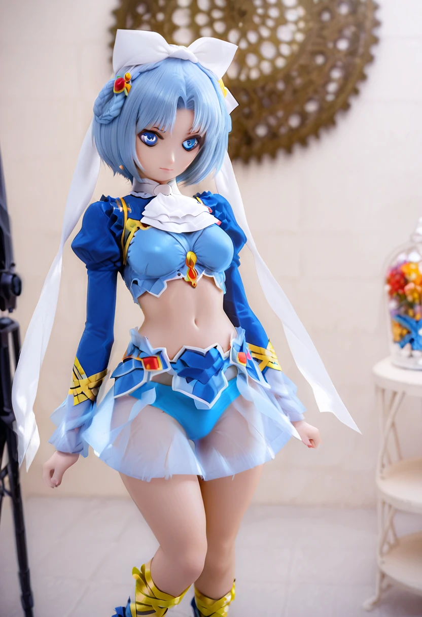 Curly and light blue hair、hime-cut、Girl with golden eyes、View of the crotch from below、flat chest、Thin pubic hair、Beautiful open legs、White military uniform