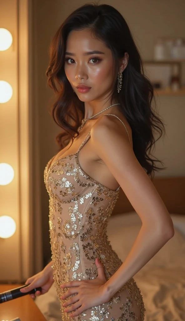 Step into a world of enchantment with our upcoming shoot, where elegance intertwines with the allure of the night. Amidst the glittering lights of the metropolis, our model takes center stage in a gown that shimmers with the brilliance of a thousand celestial bodies. With a captivating expression, she radiates confidence and sophistication, her every gesture a dance of grace and allure. Against the backdrop of urban elegance, her mesmerizing gaze enthralls, beckoning an evening of secrecy and wonder. As we capture each frame, the essence of nocturnal glamour unfolds, a classic ode to charm and seduction. Pre