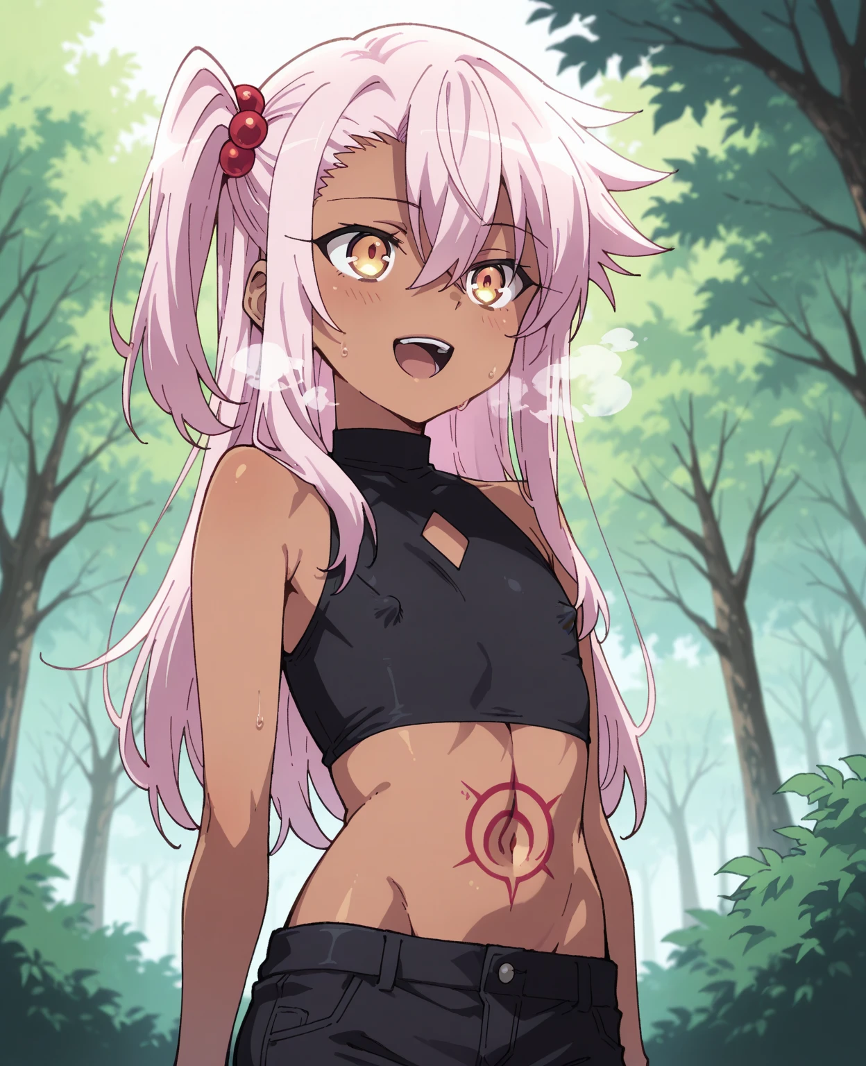 score_9, score_8_up, score_7_up, 1girl, solo, flat chest, ghislainedef, dark skin, scar, abs, white eyepatch, long hair, gray hair, white tail, red bandeau, green pants, open pants, red choker, belt, standing, shocked face, stiff hands aura, looking down, forest,