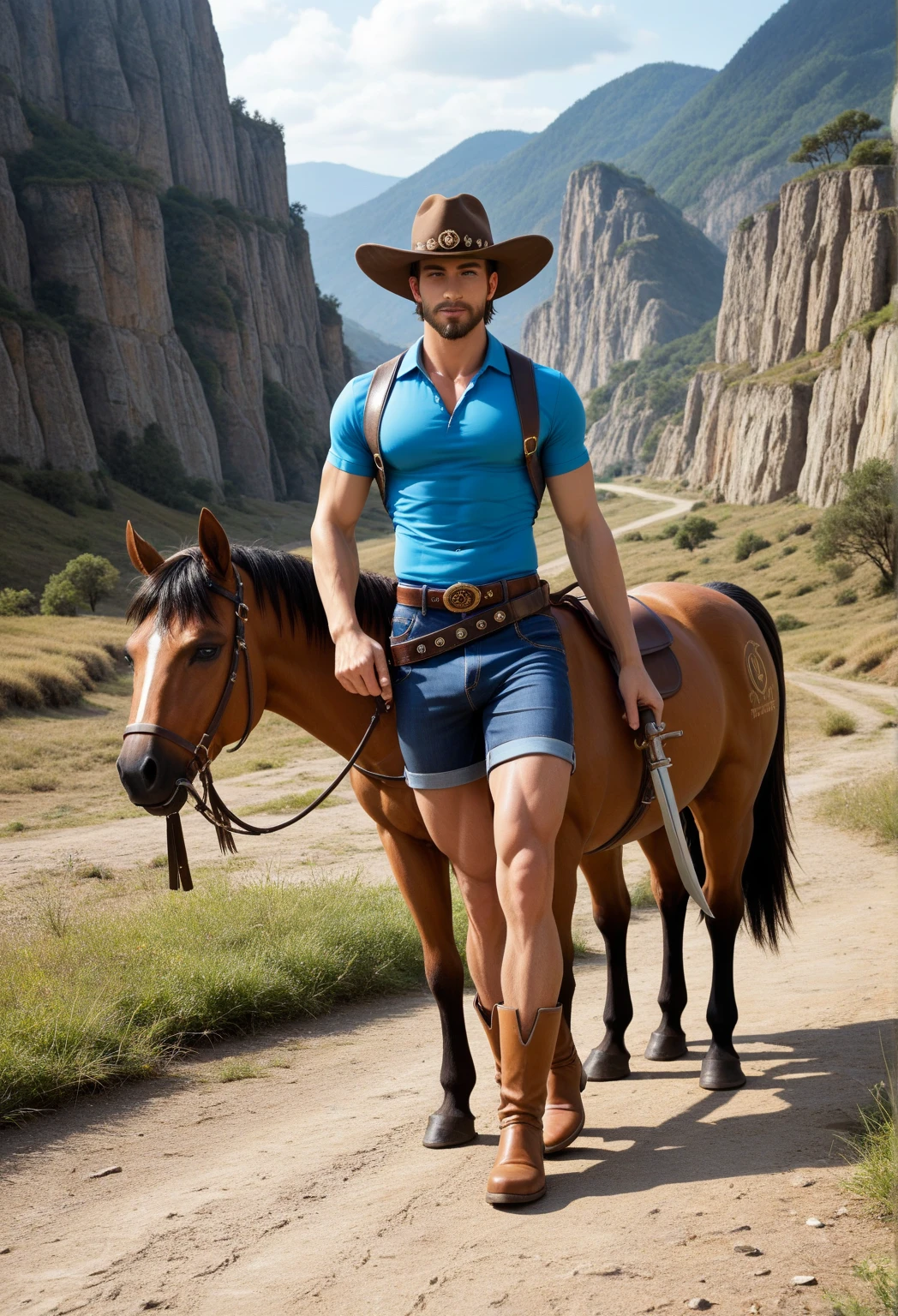 1boy, (Blue Eyes), happy smile,American boy,18 years old,Wear glasses,man hot nerd,young, thick body, slender, sport body build, child-like,Close-up photo,full body photo ,rocky high desert cliffs in the background, standing next to a corral of horses, wooden corral fence, a sexycowboy, hat, plaid shirt, boots, neckerchief (((full body portrait))), wide angle , wearing caramel brown colors micro thong with medium bulge,pale skin, skinny, good lighting, very pale skin, light skin, model with attractive body,medium bulge and medium butts,(Best quality, 8k, Masterpiece). High Detail , superior quality, natural lighting, beautiful, sexy, correct anatomy, good composition,realistic shapes, realistic skin tones,Natural eyes,realistic eyes,looking up at viewer,vpl,realistic muscles,Realistic wrinkles on the skin,Realistic arms and legs,Realistic face,realistic hair,Make a sexy and seductive face, Clear Focus: 1.2, Perfect Body virile: 1.4 , Slender Abs: 1.2, Highly detailed face and skin texture, detailed eyes, double eyelids, big upper lip, man focus,amazing composition, front view, HDR, volumetric lighting, ultra quality, elegant,Post a erotic photoshoot,Realistic pose,detailed hair,full body,Fujifilm XT3 photorealistic art by midjourney