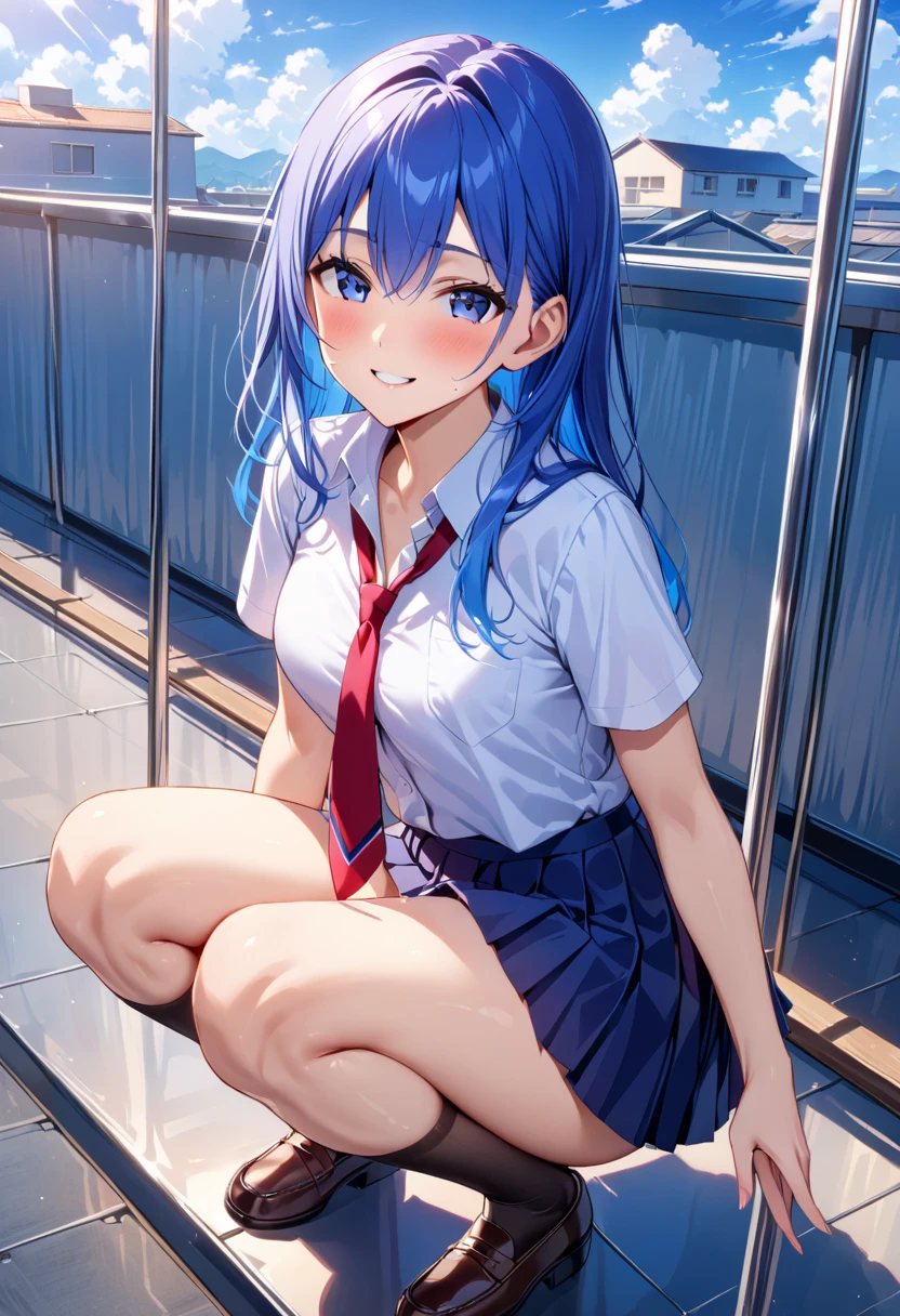 a matter of fact, daytime, sunlight, 1 woman, 8K resolution, ponytail, blue hair, blue eyes, glowing eyes, white short skirt, Blush, track field, sunlight, Strapless shirt, Wet from the rain, seethrough, Sit with your knees raised, Spread your legs, M leg, pussy, sweet smile, the skirt is blowed up, highest quality, High resolution, highly detailed face, perfect lighting, Very detailed CG, (perfect hands, perfect anatomy), minami nanami, perfect figure, armpit