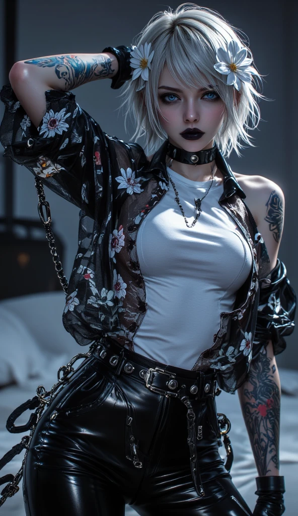 masterpiece, best quality,(best quality:1.1), (masterpiece:1.2), (masterpiece:1.2),best quality, extremely detailed, goth girl (goth makeup:1.2), random hair, random red haircolor, random multicolored hair, hyper-detailed, fullbody head to feet character, hyper-luminescent character sexy hourglass blonde woman, black-red shoulder tattoo, arm tattoo, chest tattoo, piercing, messy long white hair, in a black t-shirt and rock jacket with badge, skinny short ripped jeans, (random eye color), blurred background, lantern festival , visually stunning, bokeh, piercings, hanfu, scenery, ink, white background,