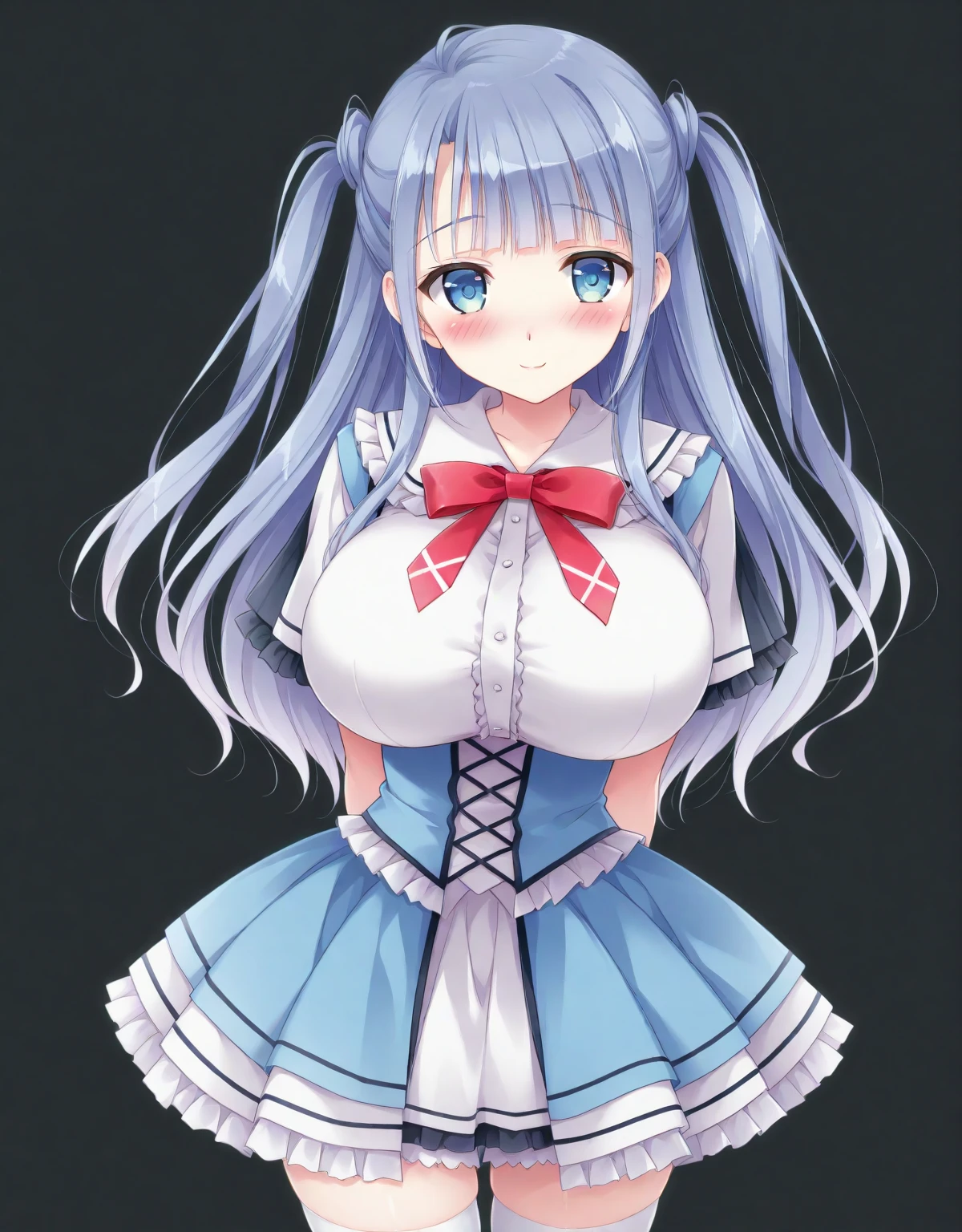 1girl, (eyelashes, eyeliner), slender, dirndl, uniform, underbust, large breasts, bow, boob, (expressionless), frills, (legs:0.5), high_heel, buttons, (blue,white theme:1.3), (multicolored, gradient:1.3)