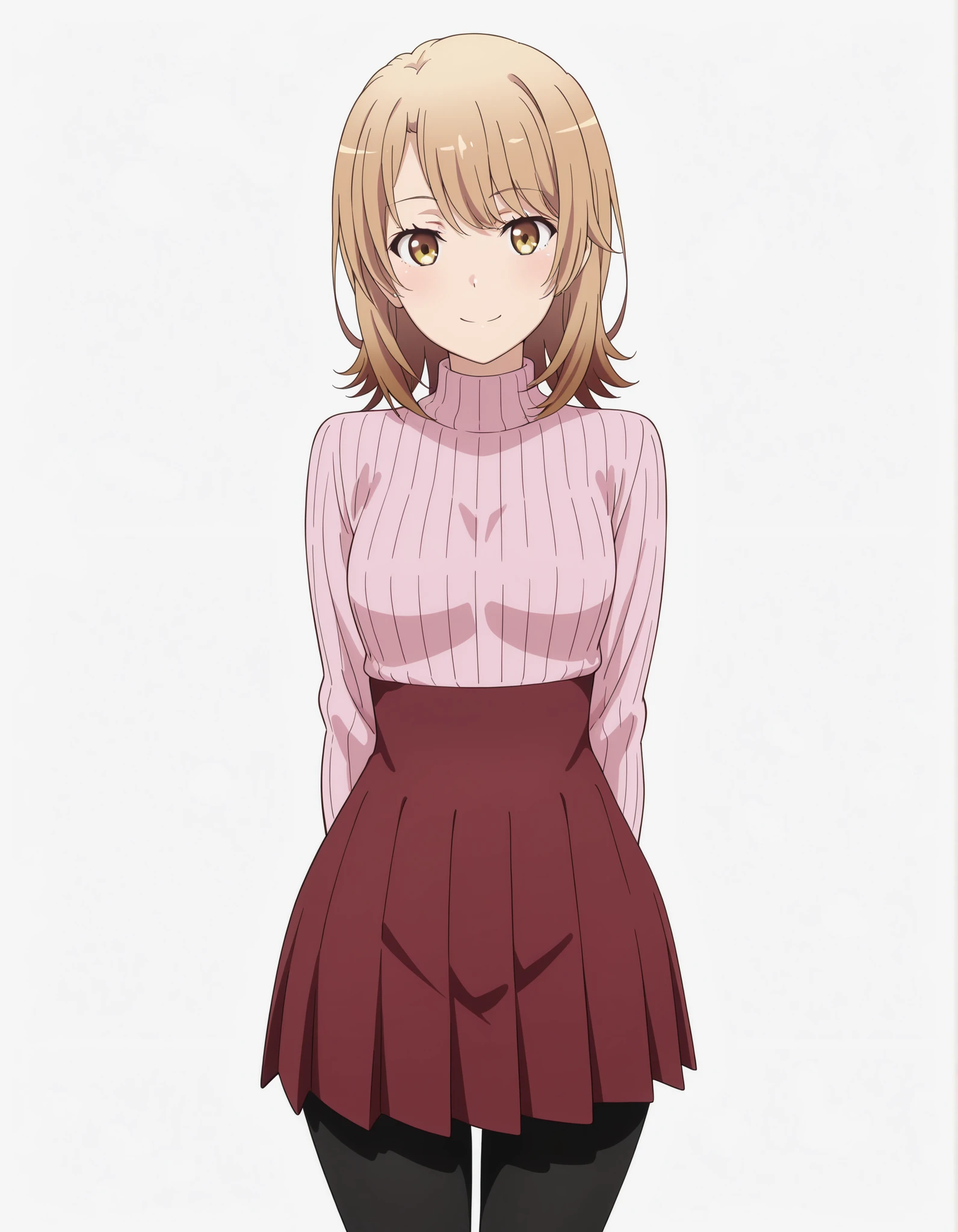 (masterpiece, best quality, official style),ultra detailed,(newest),8k,texture,very aesthetic,, (cowboy shot, anime,  Official Illustration
smile,solo,looking at viewer,simple background,white background, standing ,grownd,full body,yokozuwari,
Isshiki iroha, gold eyes, light brown hair, short hair, parted bangs, side swept bangs,
pink turtleneck sweater, ribbed sweater, winered pleated skirt, high-waist skirt, black pantyhose, wide hips 
