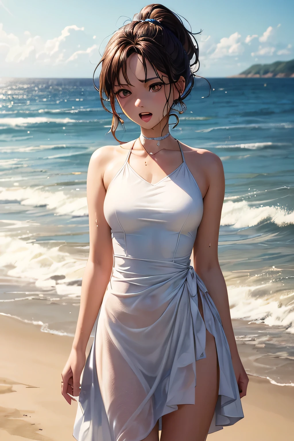 Hawaiian Wakiki Beach, Sleeveless dress, ((highest quality, 8k, masterpiece: 1.3))), Clear focus: 1.2, (Layered Cut, big: 1.2), Perfect body beauty: 1.4, Slim Abs: 1.2, Wet body: 1.5, Highly detailed face and skin texture, close your eyes, double eyelid, Messy hairstyle, Plain makeup,Sexy proportions、Narrow waist、smile