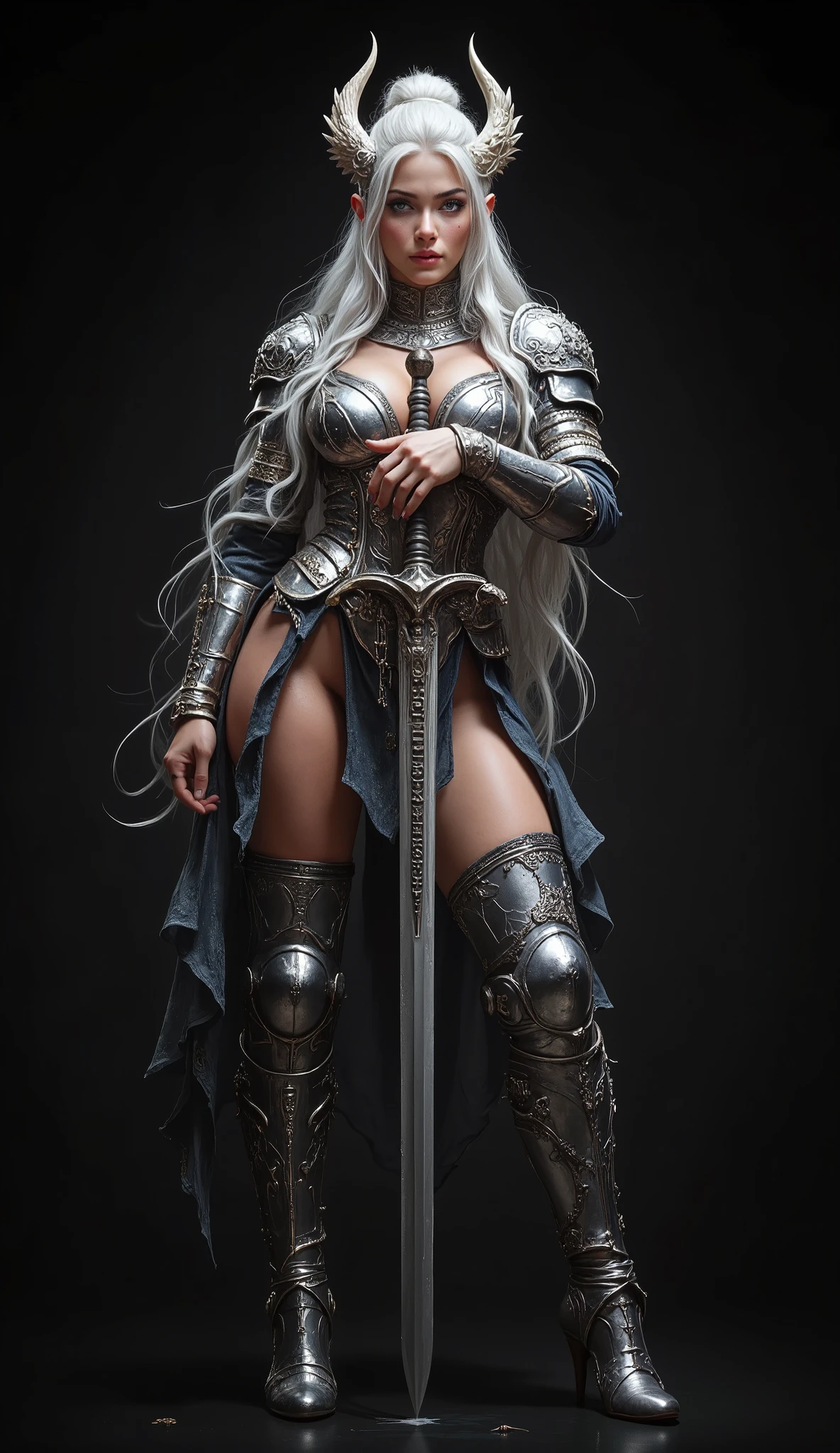 Create a high quality image, (8k, RAW photo, best quality, masterpiece: 1.2), london (azur lane), fantasy_world, 1 girl, 4k, raytracing, full view of the full body of a girl in the dark, inspired by epic fantasy. The 20-year-old woman is a Valkyrie, she has very long, wavy white hair falling over her huge breasts, very detailed layered hair, light gray eyes, serious expression, detailed irises, long eyelashes, thick, half-open, pink lips. sensual. she wears a very detailed and ornately carved winged helmet, full Valkyrie armor with beautiful silver engravings, detailed metallic shoulder guards, silver and black armor, black metallic gauntlets, black aged leather pants, tall black leather boots. wide belt with metal buckle. in her hands she carries a powerful sword with runes engraved on the edge. Mystical and legendary sword. Magnificent and powerful, shapely legs, intimidating presence. Mysterious and proud. Sensual and powerful in equal measure. Dynamic combat pose. Menacing. She is a beautiful Valkyrie and Nordic warrior. Dark scene with a pure black background, ideal for a wallpaper.