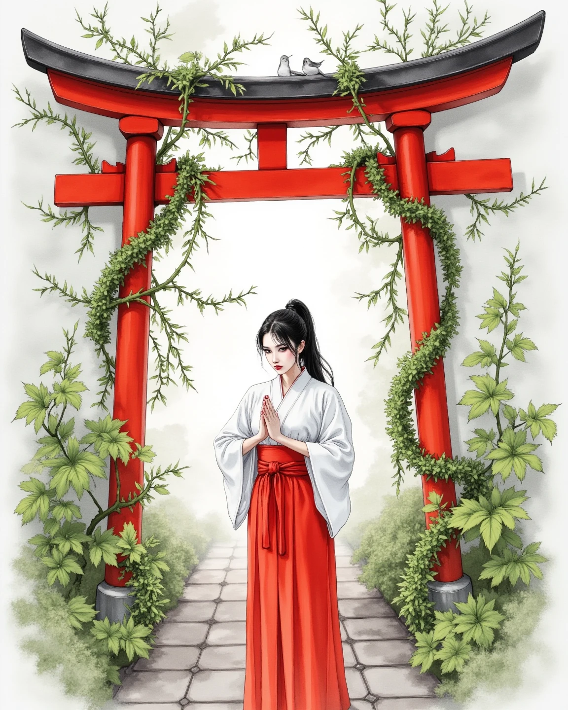 Vines entwined with a red torii gate by the water、Little birds perched above the torii gate、A woman in a shrine maiden costume standing in the morning haze、solo、anatomically perfect、Beautifully illustrated fingers、dark eyes、black hair、ponytail、A place where you can feel the purity of nature、Asahi、An atmosphere of serenity and healing、ukiyo-e style、Japanese painting、Highest Quality、high image quality、masterpiece、8k、isometric drawing、ArsMJStyle、zen inkwash ink painting