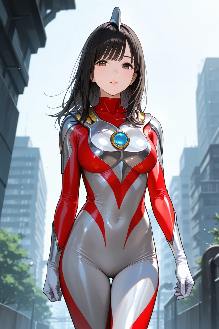 Ultraman、Realistic、Realistic、Cinema Lighting, Girl in shiny red and silver suit、15 years old、Professional photos、Don&#39;Do not expose your skin, Japanese Model, japanese cgi、Ultraman Suit、, Power Rangers Suit、Tight and thin cyber suit,The whole body is rubber、There&#39;s pink There、 Delicate body, Big Breasts、Small Ass、Thin thighs、Thin arms、Narrow waist、Camel Toe、Both sides of the cybersuit fit snugly against the skin.、Big eyes、Black short hair、Look forward、Look forward立っている、A glowing sphere is embedded in his chest..、Essay exam、 Blue sky background