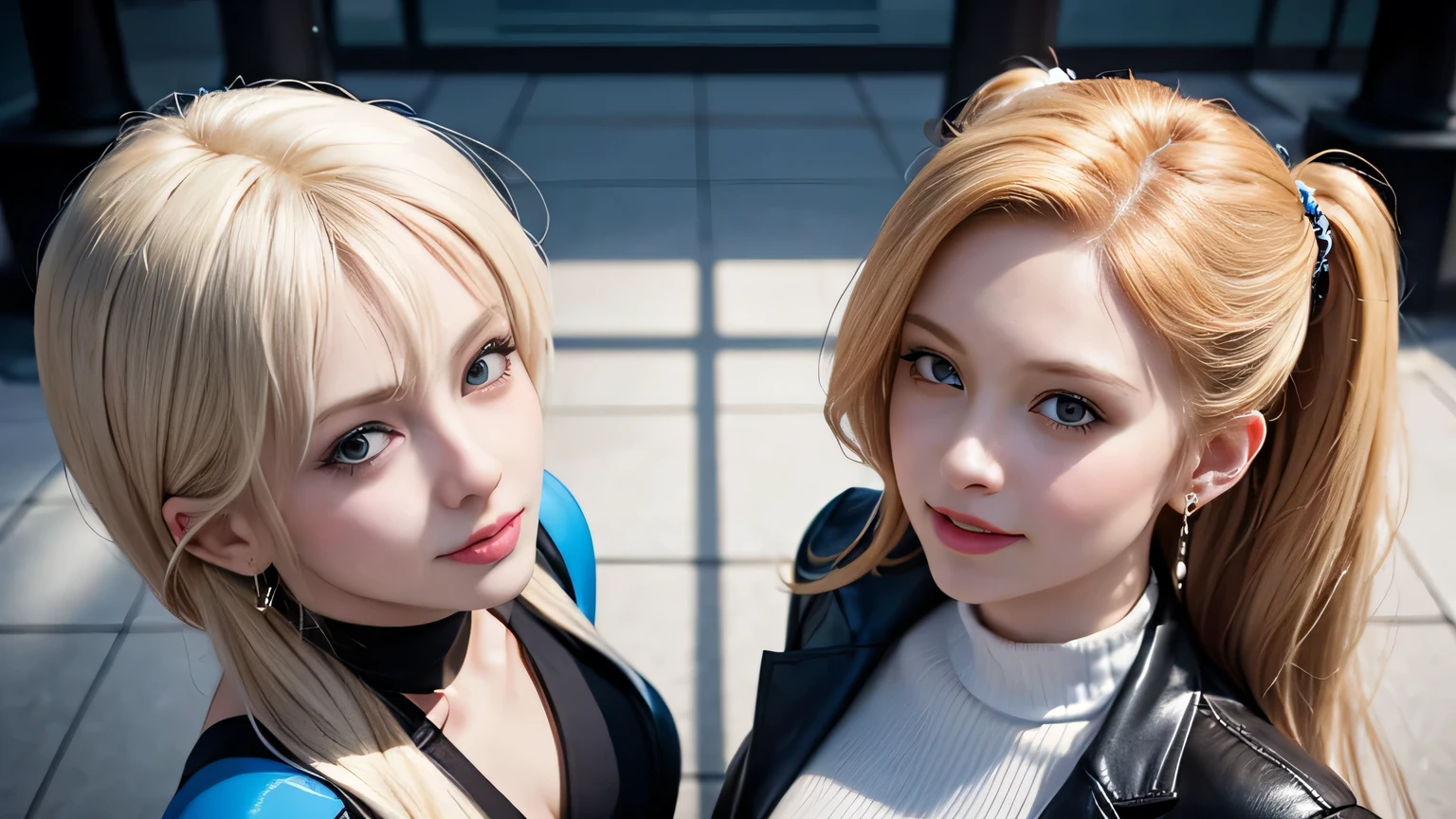 2 beautiful young and beautiful Irish beauty with high noses {x} 2 beautiful young and beautiful blond white women with platinum blonde hair stand apart, Young and beautiful 27-year-old sci-fi twins , 2 Irish Beauty, 2 Irish Beauty with high noses, cyberpunk 2 women, high neck android suit, young and beautiful 27-year-old Hollywood actress, diverse cyber suits, A clear blue sky during the day, High Neck Style , two young and beautiful white women from the aristocracy wear dress type high neck cybersuits, High Neck Style , business style settings, android suit outfit, High Neck Style で, operate a keyboard with LED light、skin with realistic texture、Separate the face、 gorgeous earrings、gorgeous necklace、 Blue Nail Polish 、 opens her mouth and laughs、platinum blonde hair、 Blue eyes glow blue、blue eyes are moisturized、laughs happily、big blue eyes、16k,UHD,High Quality、Business Ads、Advertisement Photography、Real Photo、The positions of the heads of the two beautiful blond women are below the center of the screen、The distance between their faces is far apart、The composition of the photo shows that the height of the faces is at the bottom of the screen、small breasts、 celebration、Pointy Nose、Irish Beauty, looks up、Blonde long-haired secretary, blue eyes、wearing a white blouse, excited, blushed. (seen from above, high angle)