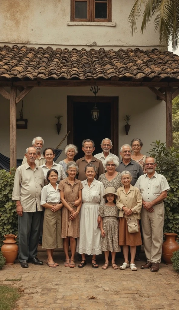 wide shot of a family photograph from Bayamo Cuba, indie film, the background is their own humble residence