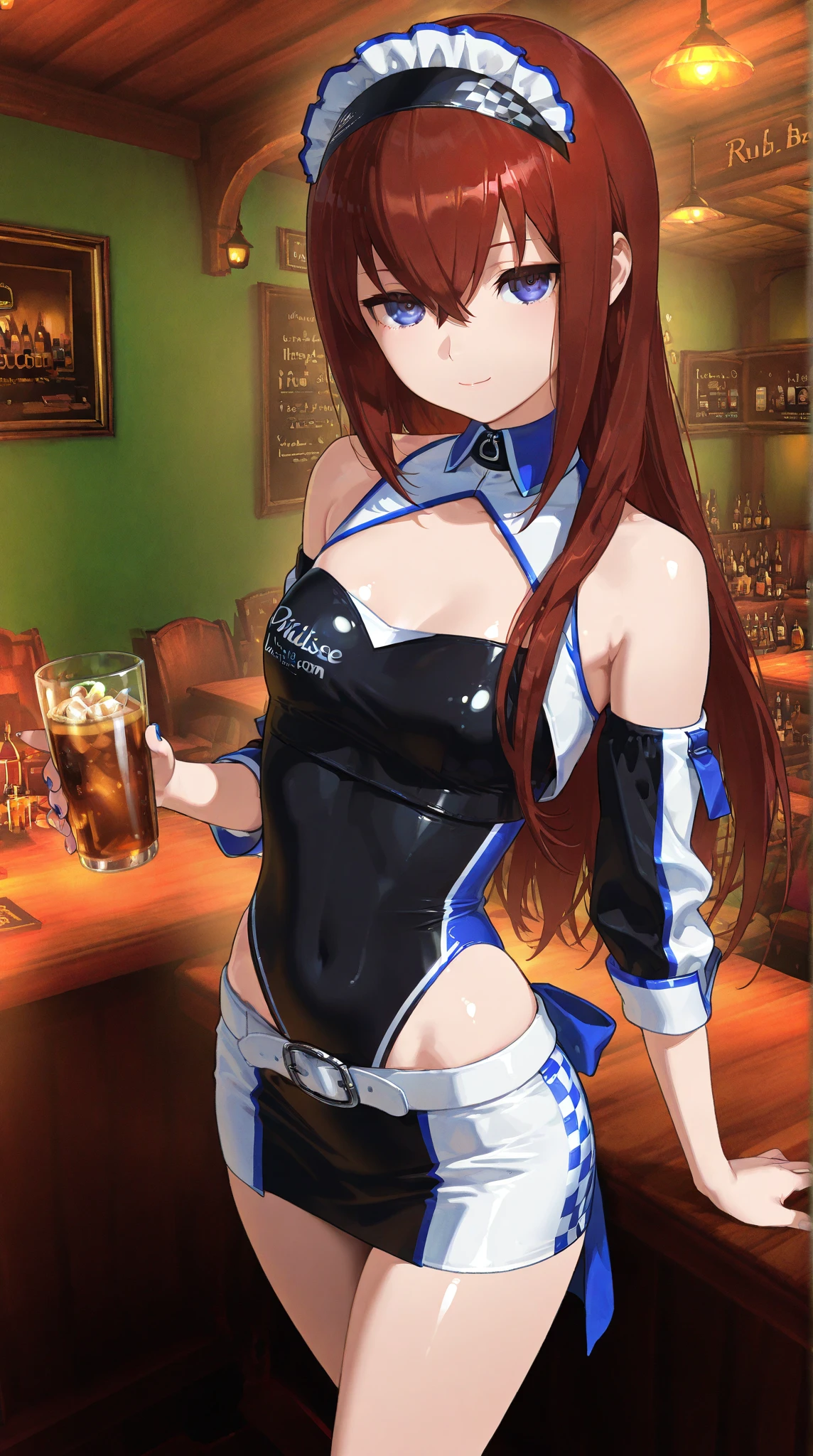 1girl in、hight resolution、masterpiece、Maribel、A slender、Short stature、Curly hair、Orange hair、DQJESTER, Curly hair、fake rabbit ears、Blue leotard、bowtie、pantyhose、Wrist cuffs、Black_pantyhose、a bar counter、Lots of liquor bottles、Smiling smile