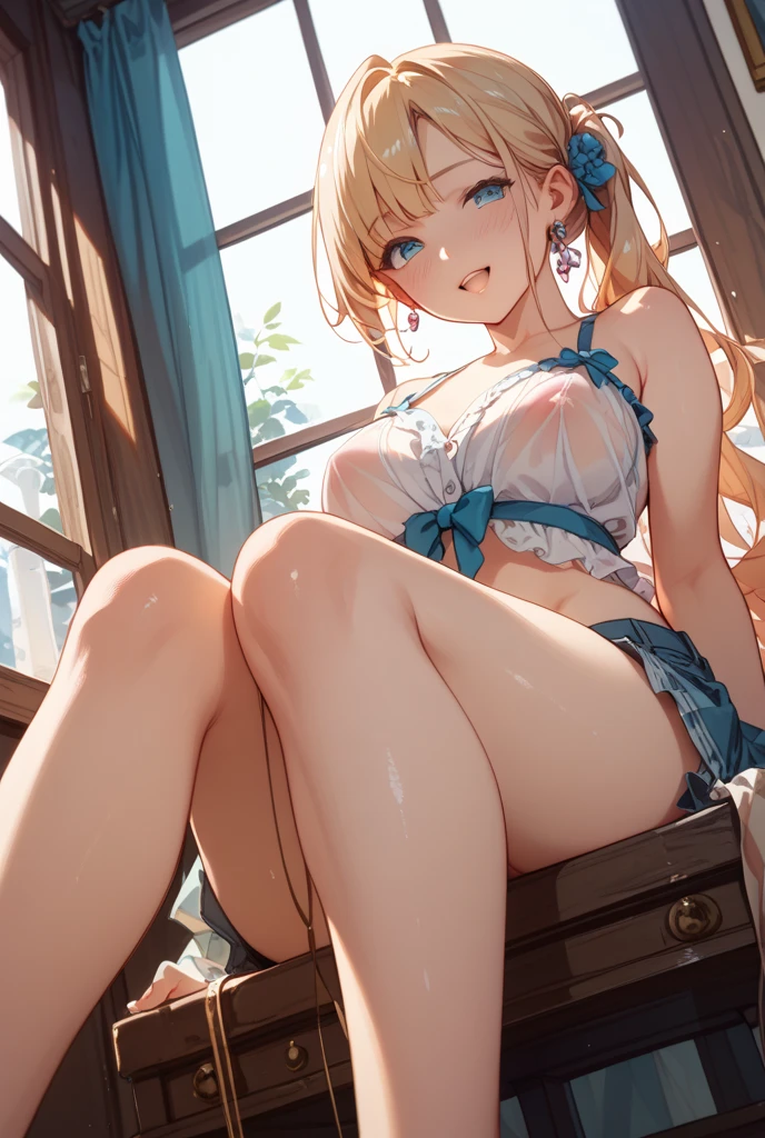 Masterpiece、Highest quality、Highest quality, (Long, slender legs, shoes:1.2), (squat, Spread your legs), (Land on the ground with your palms:1.3), 1 girl, (smile、Open your mouth大笑い:1.2), Cute eyes, (Detailed face:1.3)、Open your mouth, The whole face turns red, alone, Oversized breasts, Big and ample breasts, (Straight bangs, Twin tails:1.2), (White maid outfit:1.2)、(Nipples、Ultra-micro bikini that only covers the bust digs into the skin:1.2)、Side bust、Underbust、belly button、Walking through the mansion'corridor、Browsing Caution、shoes下