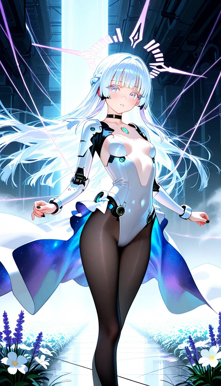 ((2D beautiful girl、top-quality、Perfect Finger 1.5、Perfect Anatomy 1.5、extremely delicate and beautiful illustration))、(Blur the background：1.2、(transform sequence)、((Bodysuits))、android、(Beautiful Slender Girl)、Fractal Art、-facetright long hair))、、Small, 、(Full body depiction：1.1)、（1 persons）、Mechanically、goggles、Near future、silber hair,Machine ears,Left arm of the machine
