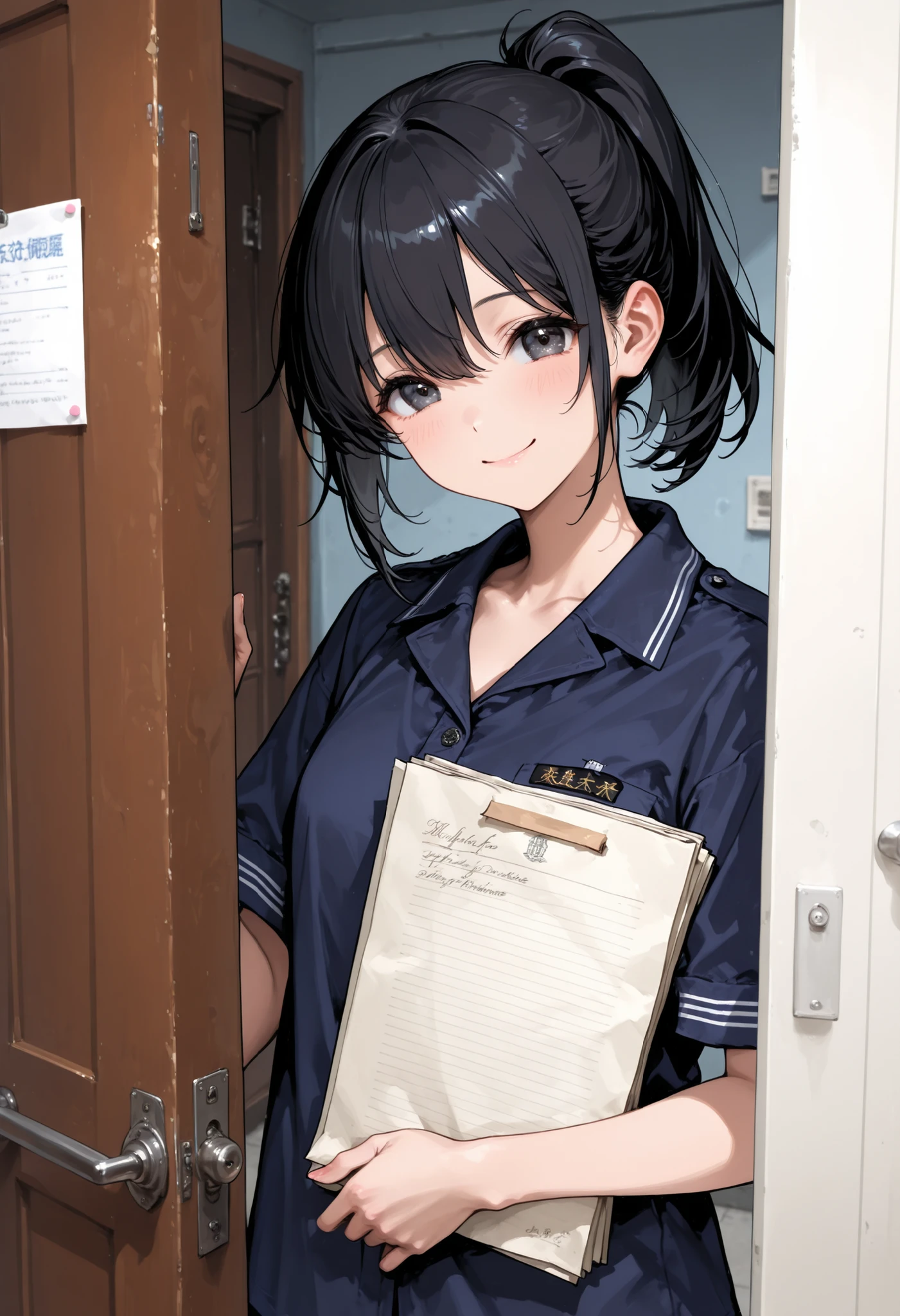 document warehouse、navy shirt、、black hair ponytail、opens the door and comes in、、 Smile、upper body