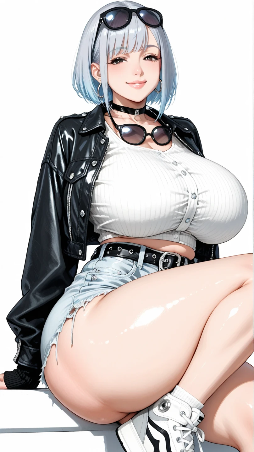 (Masterpiece, BestQuality:1.3), (ultra detailed:1.2), (hyperrealistic:1.3), (RAW photo:1.2), High detail RAW color photo, professional photograph, (Photorealistic:1.4), (realistic:1.4), professional lighting, perfect anatomy, (Big Breasts:1.2), (blush, detailed face), (cheerful Smile:1.5), (Blue Hair:1.5), Trending Hair&Trending Hairカラーをランダムに, earrings, necklace, bracelet, sexly, erotic sexly, Random sexy gravure poses, (Sexy woman in a black leather skirt、Factory Background、Cool look、Curly Hair、Leaning on the machine。: 1.3)