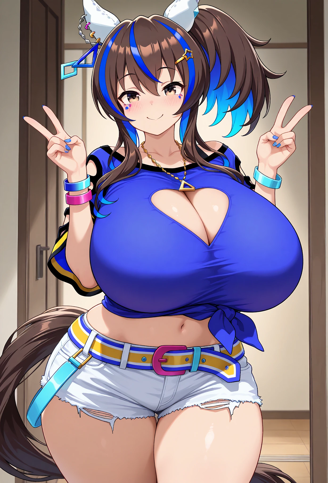 Highest quality,masterpiece, Highest Resolution, nsfw, 1 girl, topless, huge breasts,pink nipple, belly button,outdoor, blush, standing, horse ears, horse tail, Daitaku Helios