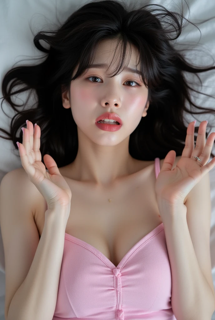 original photo，(messy long hair:1),(((8K))),（extremely exquisite beauty），（best quality:2.0），（ultra high resolution:2.0），natural light，lifelike，[Ultra HD resolution],(Realistic skin texture:1.5),The facial details are extremely delicate,Super detailed,a girl,in the bedroom,(lying flat on bed:1.5),(close eyes:1.5),(open mouth:1.3),sleep,Faint,(Top-down camera view:1.2),(Perfect body:1.1),(slender legs:1.1),(Pink|red pajama dress:1.5),(whole body),