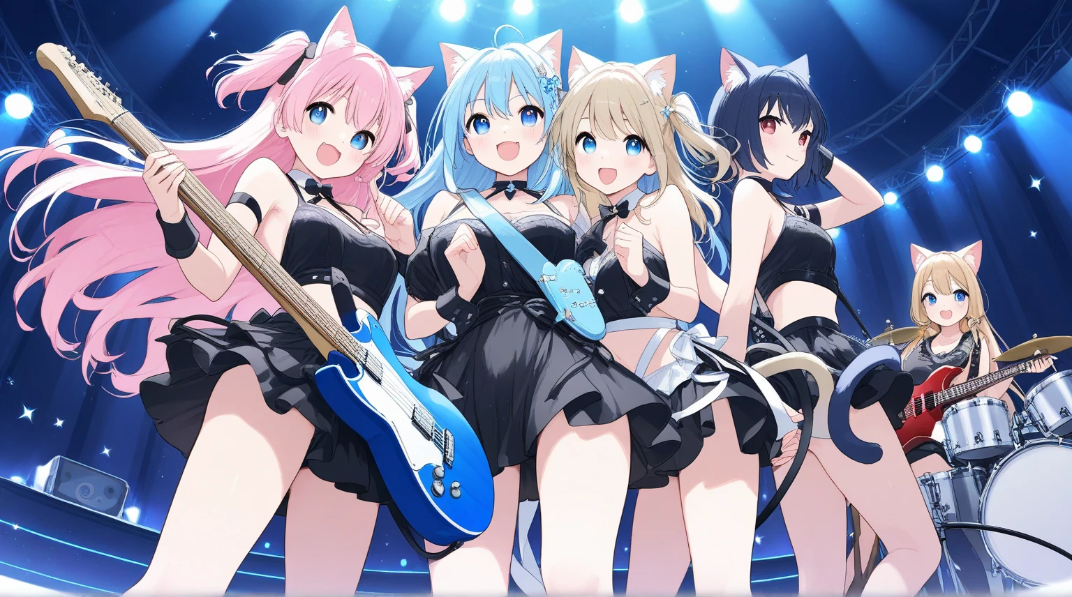 Top Quality, Fantasy, Four-headed, Pale Color, Flat (Live House, Laser Beam, Dazzling Lighting, Mechanized Instruments, Concerts) (Highly Detailed Beautiful Face and Eyes) Perfect Anatomy ((Beastman))) (Playing a Musical Instrument, Singing with a Microphone, Live Performance, Splattering Sweat, Standing on Stage) (Furry Antro: 1.2) ( Facial features of animals with a furry body) (the muzzle of the animal is very detailed fur) chibi: 1.5, full body, smile with open mouth (dynamic pose),
