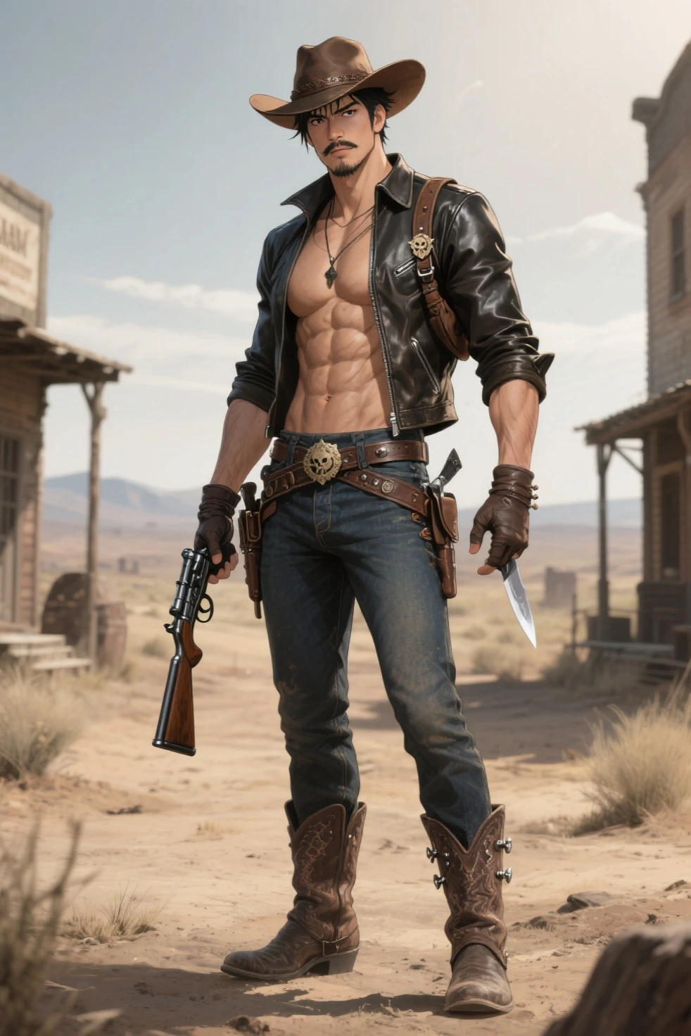 (masterpiece),(best quality:1.0),(ultra highres:1.0), closeup, 1 man , sexy man, face focus, shaved beard, denim jeans, guns, lenses, hood, chest tattoo, wallpaper 8k, full body