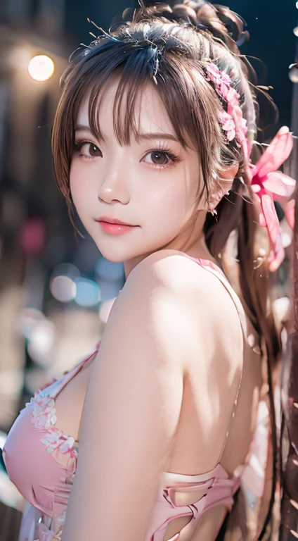 sexy big breasts、15 year old beautiful girl sexy cute looks and cute, beautiful and sexy face、The strong wind blows the hair in front of my face、Beautiful long metallic pink ponytail with beautiful cute and sexy eyes hidden in her long bangs、cute ribbon
