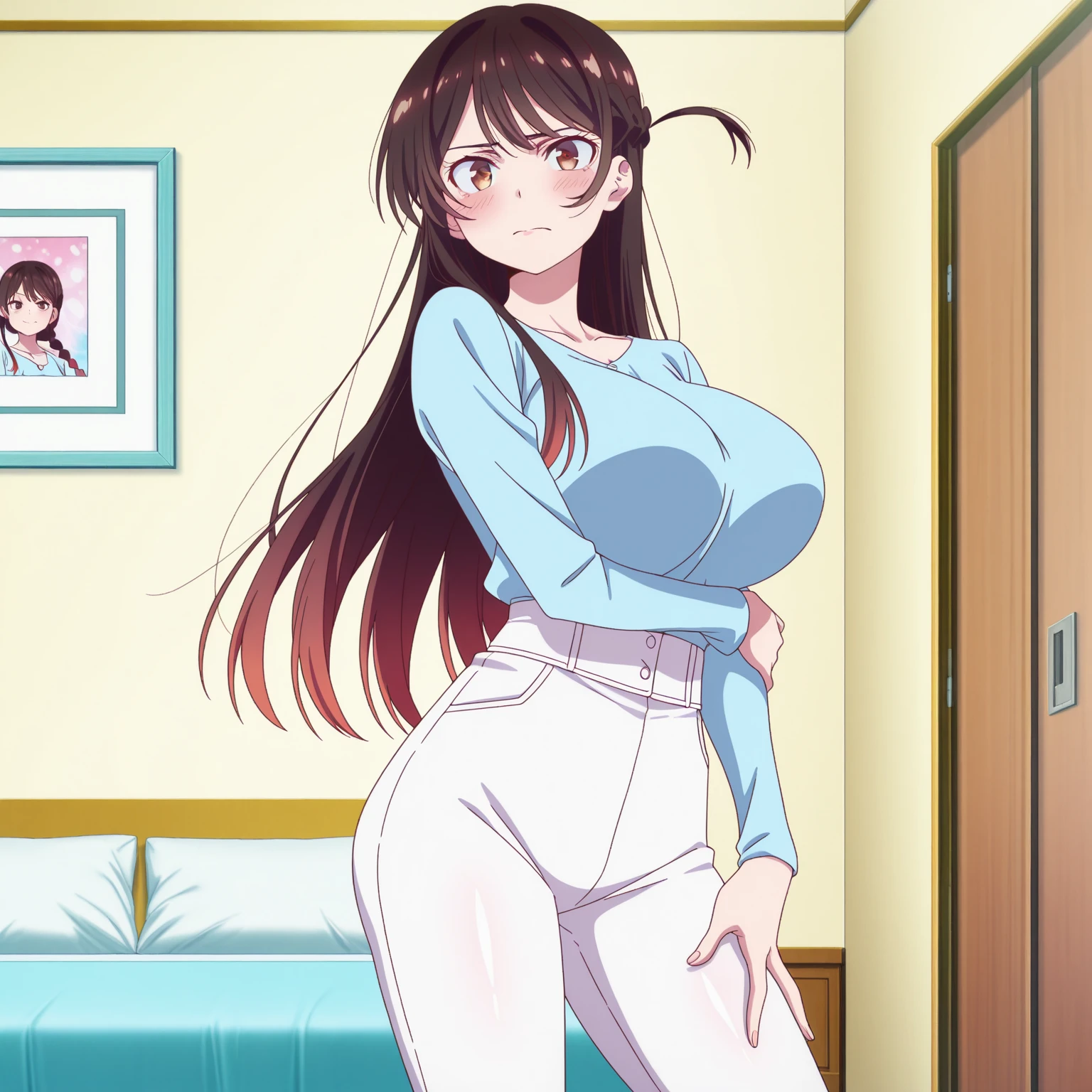 1 pretty girl,hugs,Wet clothes,nippleeer,white skinned,looking at viewert,Brown eyes,Realistis,bend over posture,Bigchest,huge tit,low chest,Married Woman