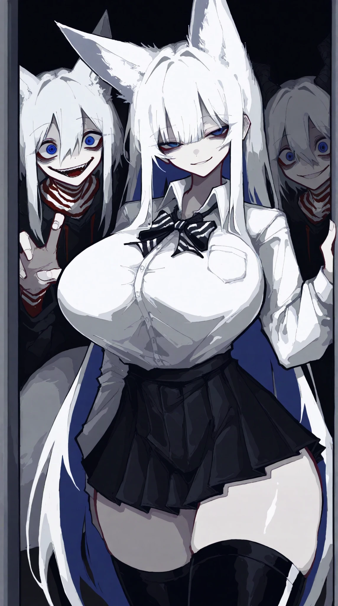 best quality, intricate details, lineart, monochrome, 1girl, Gasai Yuno,(large breasts:1.5), nipples, solo, nude, as Gasai Yuno Sits in her kill room she stays blankly act a painting of her lover, she is wearing a black choker and black thigh highs and behind her there is a small table with a blood stained knife and a black face mask as well as a apron made of human skin, ((kill room)), ((blood)), ((psycho)),evil smile,dark and for Bodine atmosphere, she is hunting you, CRAZY EYES, (YANDERE,CRAZY EXPRESSION:1.6), empty eyes, shaded face, crazy smile