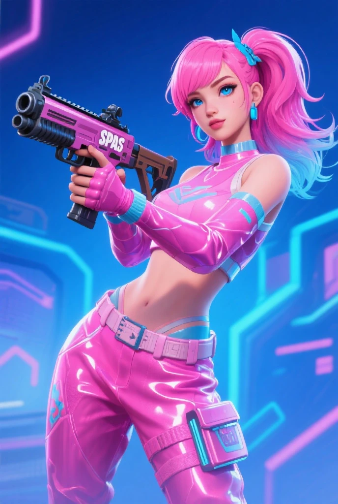 Imagine Olivia Dunne as an video game character, Olivia Dunne as an Fortnight character, beautiful 20 year old woman, High-quality facial research of Olivia Dunne, High-quality detailed research of Olivia Dunne's figure, small breasts, brown eyes, dirty blonde hair, long hair, ponytail styled hair, tan-olive skin. ((aiming at the viewer with a gun)), glossy white and purple leotard, high-tech goggles, fingerless gloves, metallic armlets, boots, ((holding a pink shotgun)), (((decent looking shotgun)))). Whole body, Casual pose, Beautiful pose, (Extremely detailed CG 8k wallpaper), (Extremely delicate and beautiful), (Masterpiece), (Best quality: 1.0), (Ultra-high resolution: 1.0), Beautiful lighting, Perfect lighting, Realistic shadows, [high resolution], Detailed skin, Super detailed (((Colorful))), Digital art, Fortnight concept art, full body concept art, Expert concept art with high detail, concept-art, third person shooter game concept art, concept-art, Drew Hill style, Video game concept art, 4K, full body portrait
