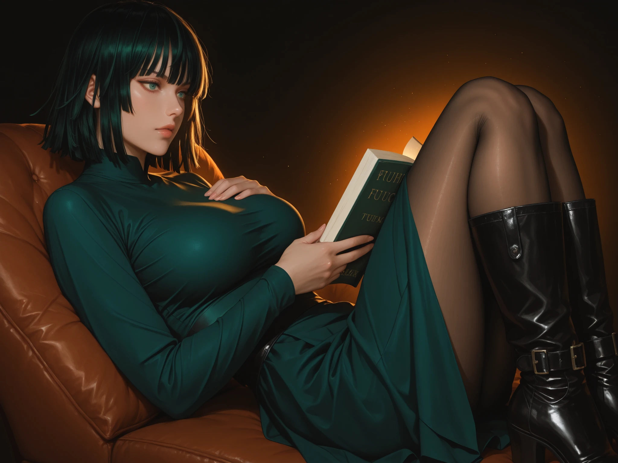 1990s, (masterpiece), high-definition, detailed face, korean girl, abs, (big tits: 1.4) big hips, messy (dark purple and blue hair), orange eyes, crop top sweater, jacket, (red tight skirt: 1.3), belt, (thong: 1.4), thigh high stockings, boots, fishnet, living room, sitting on a couch, (messenger bag: 1.3), sunset