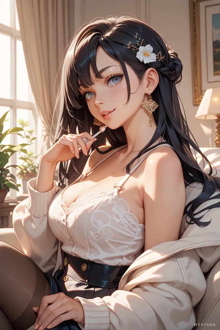 (masterpiece), (Portraiture), Big Breasts (aesthetics), ((One 20-year-old girl)), ((Straight long hair)), ((Colorful punk hairstyle with bangs, long and fluffy hair)), Beautiful Hair, Narrowed eyes and open eyes, Green Eyes, cute, feminine, woman, feminine features, high quality, Beautiful clothes, Professional Perspective, (Three-part method), feminine features, alone, (attractive Korean woman), spring, ( Ink Mist), (night), (Vivid light), Fascinating, ((Seduce))), Neck strap blouse, hip Long ○ff Shoulder Hip Hop top, Fluffy skirt Beautiful fluffy ((energy)), (Bold Makeup), (Medium chest), Sunburned skin, (Hip hop costume details), (With puff sleeve *○* Neckline), (Beautiful Neckline), Beautiful body, Beautiful Eyes, Bright Eyes, Romantic smile, Beautiful mouth, Beautiful Lips, Fascinating pose (最high quality, Very detailed, Realistic: 1.39 ), Bright and vibrant colors, Studio Lighting, Romantic expression, Fascinating, Sitting at a table in a florist's shop