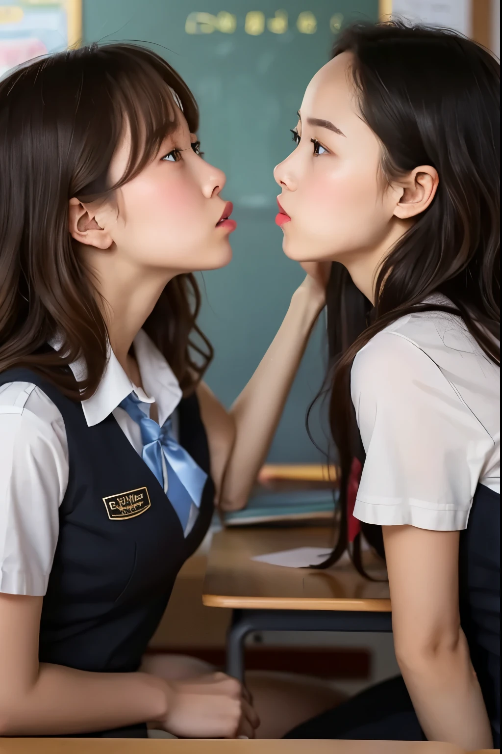 Two high school girls in the moment of kissing a girl while resting their elbows on the table、A schoolgirl in uniform with short hair and a high school girl in a uniform with long hair、 in the classroom、Kiss a girl 、、expressive eyes、mouth、perfect face。 Black hair split in the middle,、curly hair,Wide forehead(Forehead)、stare at each other、Lower your opponent's skirt、full body image