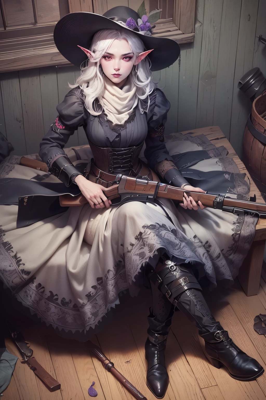 (Ultra-detailed face, Looking Away, Gothic Illustration, Dark Tone Colors. One thumb and four fingers.) , BREAK 
(Ultra-detailed face, gothic fantasy illustration, ukiyoe style. A female dark elf pioneer sits on a bench in a rough-and-tumble mining town station house in the style of the American Wild West, shooting a Winchester rifle in a bold pose with a slight twist of the body. She has white hair, a blue scarf wrapped around her head, a gray linen mother Hubbard dress with embroidery, and a thin black gun belt. She wears fur-lined ankle boots.) , BREAK 
(The female young dark elf has white hair and white eyebrows, crisp bangs, long wavy hair to her waist, small pink lips, lavender eyes, dark purple skin, and dark eyeliner.)