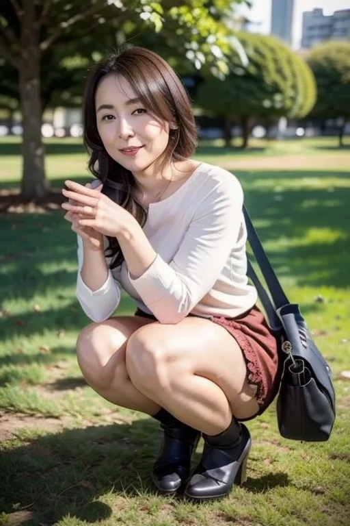 A beautiful Japanese woman in her 40s eating a sandwich in the park, {blue shirt, skirt, beige pantyhose on white panties:1.4), Realistic, Realistic, Realistic body shape, Very detailed, highest quality, 8k, Sharp focus, High resolution, Ideal ratio, (cinematic lighting), Cleavage, wrinkles skin, open mouth, full body shot, sunny, looking at viewer 