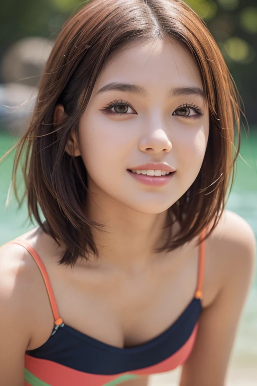 (masterpiece:1.3), high resolution, ultra detailed, extremely detailed CG unity 16k wallpaper, realistic, photo-realistic, RAW photo, super fucking beautiful detailed face, natural makeup, pale skin, realistic glistening skin, detailed cloth texture, detailed hair texture, beautiful detailed fullbody, Perfect female body, accurate, Anatomically correct, Highly detailed face and skin texture, natural neck length, (beautiful hands), (fair skin:1.1), (well-aligned teeth:1.1), (Sweaty skin:1.2), 
BREAK, 
Detailed eyes, symmetric eyes, Light Brown eyes, Double eyelids, Thin eyebrows, (Glossy lips:1.4), ((A face with waiting for a kiss:1.2)), (blush:1.1), (A sparkling small hair accessory:1.1), (beautiful smile:1.1)
BREAK, 
((beautiful large breasts, cleavage:1.3)), 
((short hair, Dark blonde hair, bangs:1.2)),  (closeup shot, half body photo, looking at viewer:1.3), 
BREAK, 
(sitting by the river, bikini:1.3)
