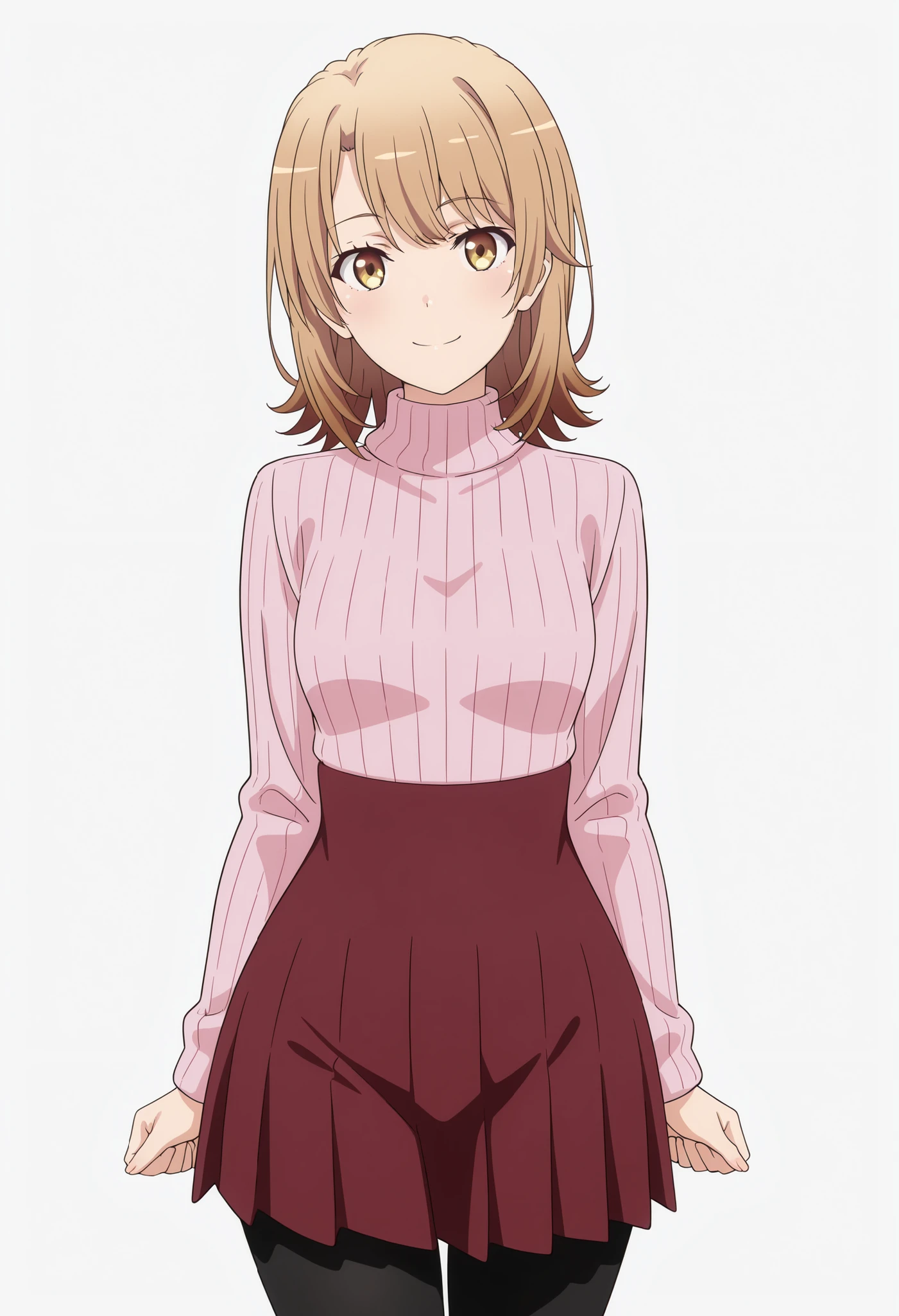 (masterpiece, best quality, official style),ultra detailed,(newest),8k,texture,very aesthetic,, (cowboy shot, anime, Official Illustration
smile,solo,looking at viewer,simple background,white background, standing ,grownd,full body,yokozuwari,
Isshiki iroha, gold eyes, light brown hair, short hair, parted bangs, side swept bangs,
pink turtleneck sweater, ribbed sweater, winered pleated skirt, high-waist skirt, black pantyhose, wide hips