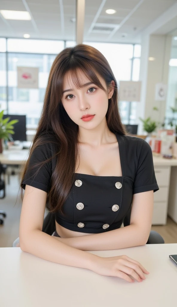 (((masterpiece))),(((High resolution)))、(((8K quality)))、(((perfect face)))、(((Beautiful office woman))), ((sleeveless)), tights, skirt, look at the camera, ((top quality eyes)), detailed face, (detailed texture), look at the camera, big 
