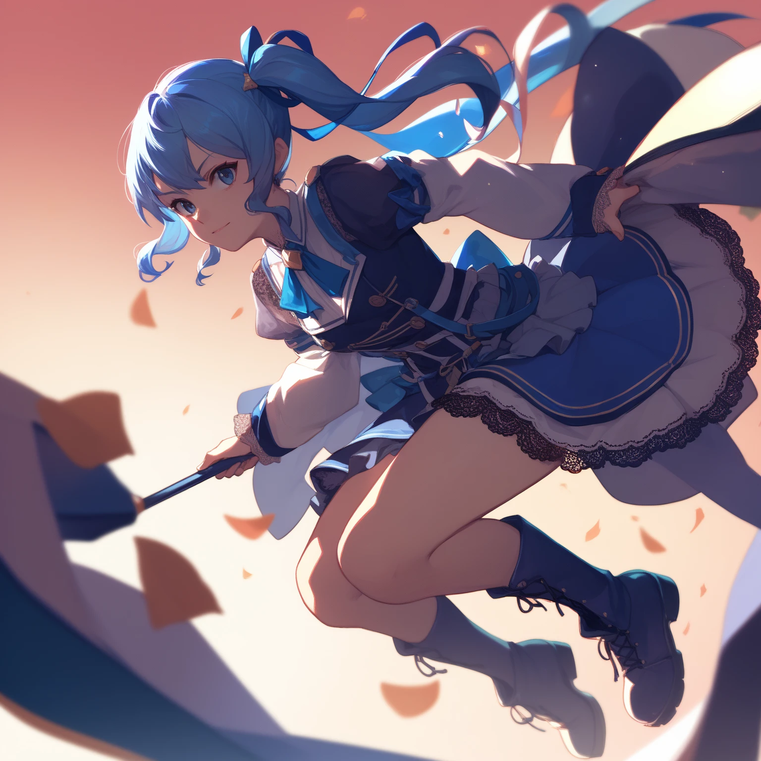 Anime, girl in a short miniskirt, panties visible, red-blue hair, Twin Tail, in a beautiful area, views from below. 3D