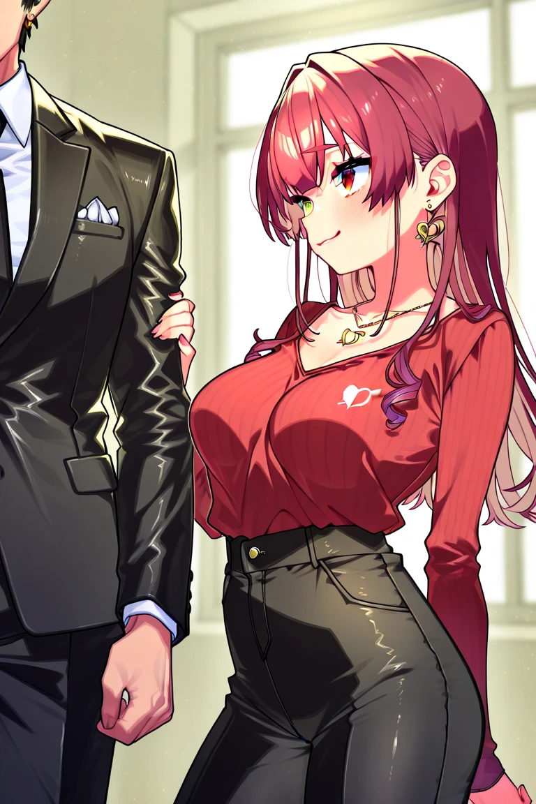 score_9, score_8_up, score_7_up, source_cartoon BREAK 1girl, Arisugawa Natuha,1girl,large_breasts,black eyes,orange hair,long hair,ahoge, bare shoulders, bare arms, blush, looking at viewer, netorare, cheating wife, cheating (relationship), skindentation, from side, hand on another's shoulder, 1boy, faceless male, size difference, male face out of frame, side view, profile, walking, walking side by side, dress, seductive, half-closed eyes, female wedding ring, holding handbag, ass, arched back, straps, rating_questionable