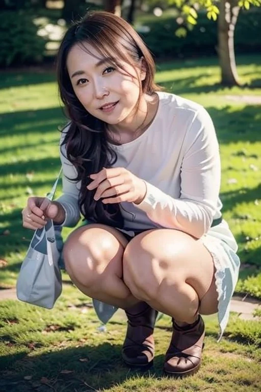 NSFW, ((Top Quality)), ((8K)), ((Masterpiece: 1.3)), (Perfect Appearance), (Photorealism: 1.6), (woman squatting on the grass), (She's squatting down and showing me her panties: 1.6), japanese woman, (58 years old), ((Realistic skin texture 1.8)), (Fine wrinkles throughout the skin: 1.3), (Dull skin: 1.1), (Skin without moisture: 1.2) , (Wrinkles on the face: 0.9), (Wrinkles on the corners of the eyes: 1.2), Double eyelids, tear bags on the lower eyelids, (Crying moles: 0.9), The eyes are looking here, serious gaze, (Dimples: 1.2), The gaze is looking diagonally upward to the right., long hair, soft fabric blouse, wide sleeves, Cuffs that fit your wrist, (The hem of the blouse is tucked into the skirt: 1.2), flare skirt, lifting up the skirt, (open legs), high heels, (panties), (pantyshot: 1.2), squatting, (underwear), (white panties: 1.0), (spread legs: 1.2), (whole body),