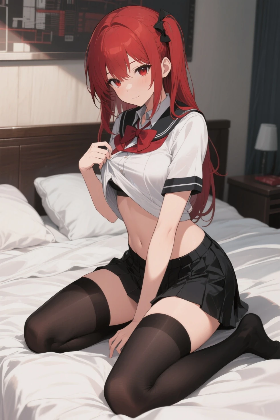 masutepiece, Best Quality, absurderes, Perfect Anatomy, 1girl in, Solo, Yoko Katori, Long hair、((Black underwear)), ((bedroom))、((A smile))、(A sexy)