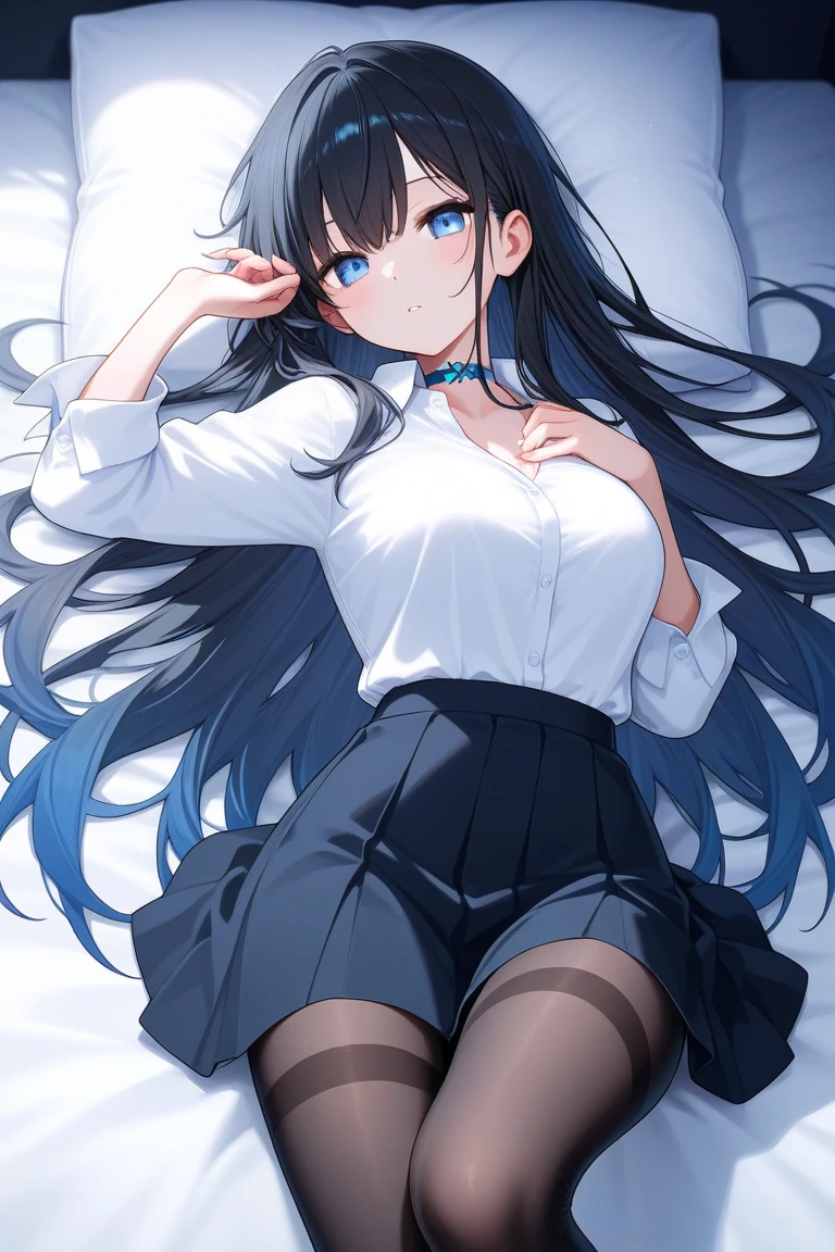 (masterpiece, best quality), beautiful girl, Chizuru Ichinose, lying, (detailed beautiful eyes) medium body shot, ultra detailed blue eyes, school uniform tank-top, black pantyhose, bare feet
