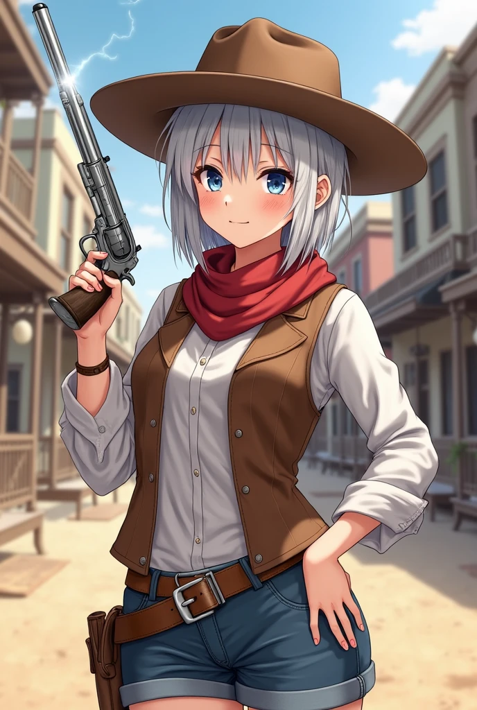 Anime drawing , Young woman, Silver White Hair Girl, , the hair was long to the , Short slit-cut hair, Hair neatly styled, blue eyes, Cute girl, Cool Girl,calm face expresses maturity, Gentle Smile, hourglass shape, Wear a collared shirt with long sleeves., White collar shirt, Brown sleeved leather vest, Cowboy hat worn over collar, cowboy style vest,  Wearing a red scarf , cowboy scarf, blue shorts, brown leather belt, Brown cowboy hat, leather style boots Brown cowboy, right hand holding a revolver, holding a cannon pointed up, Western-style handgun, Silver revolver,Background is street, neighborhood, community area, Western-style city Cowboy era, Sand dust flying all over the image, Lightning Spear,  maximum contrast, Anatomically qualified , masterpiece