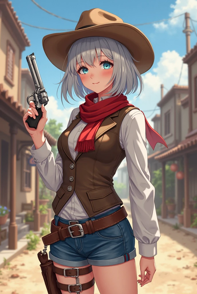 Anime drawing , Young woman, Silver White Hair Girl, , the hair was long to the , Short slit-cut hair, Hair neatly styled, blue eyes, Cute girl, Cool Girl,calm face expresses maturity, Gentle Smile, hourglass shape, Wear a collared shirt with long sleeves., White collar shirt, Brown sleeved leather vest, Cowboy hat worn over collar, cowboy style vest,  Wearing a red scarf , cowboy scarf, blue shorts, brown leather belt, Brown cowboy hat, leather style boots Brown cowboy, right hand holding a revolver, holding a cannon pointed up, Western-style handgun, Silver revolver,Background is street, neighborhood, community area, Western-style city Cowboy era, Sand dust flying all over the image, Lightning Spear,  maximum contrast, Anatomically qualified , masterpiece